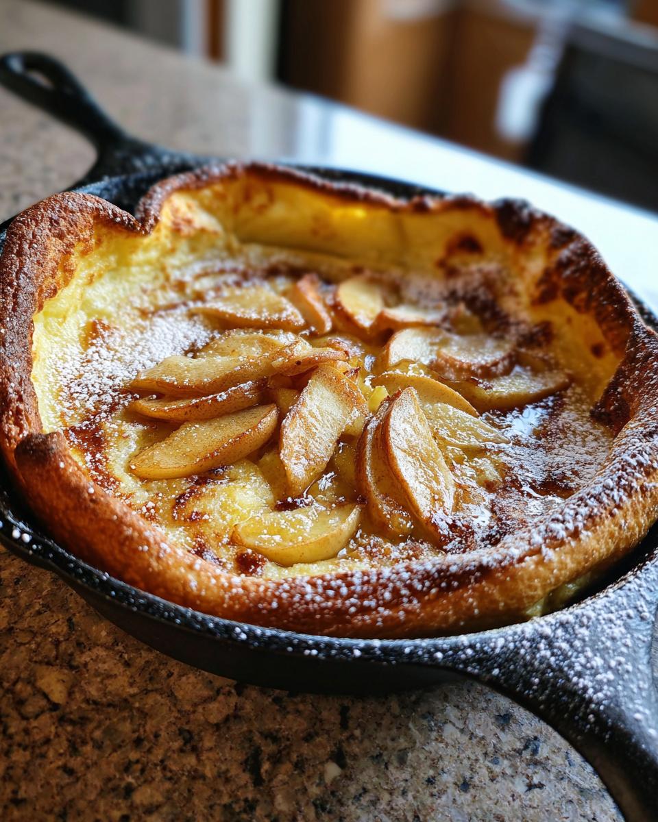 A freshly baked Dutch baby pancake with apples, dusted with powdered sugar, served in a cast-iron skillet.