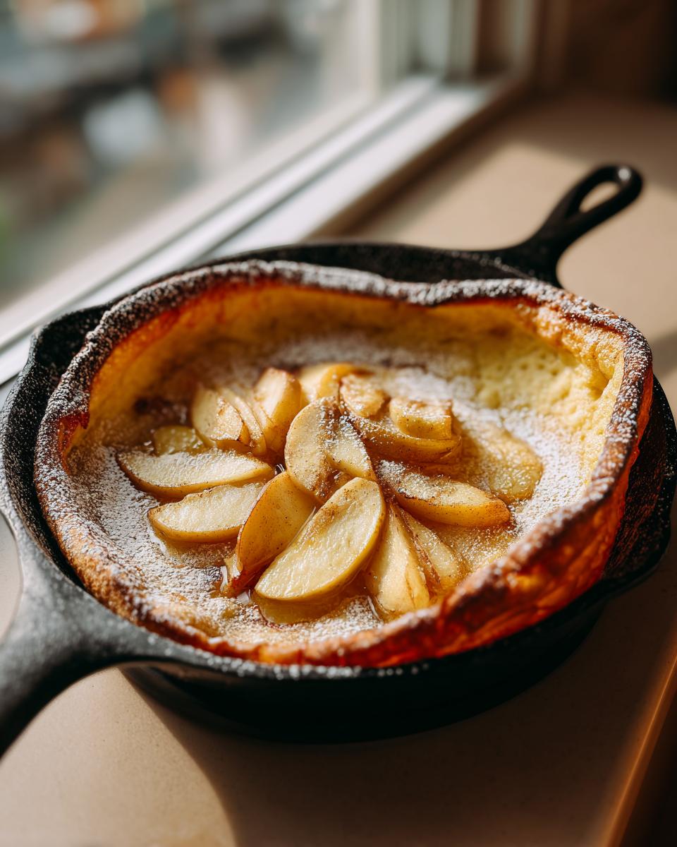 A freshly baked Dutch baby pancake with apples, dusted with powdered sugar, served in a cast iron skillet.