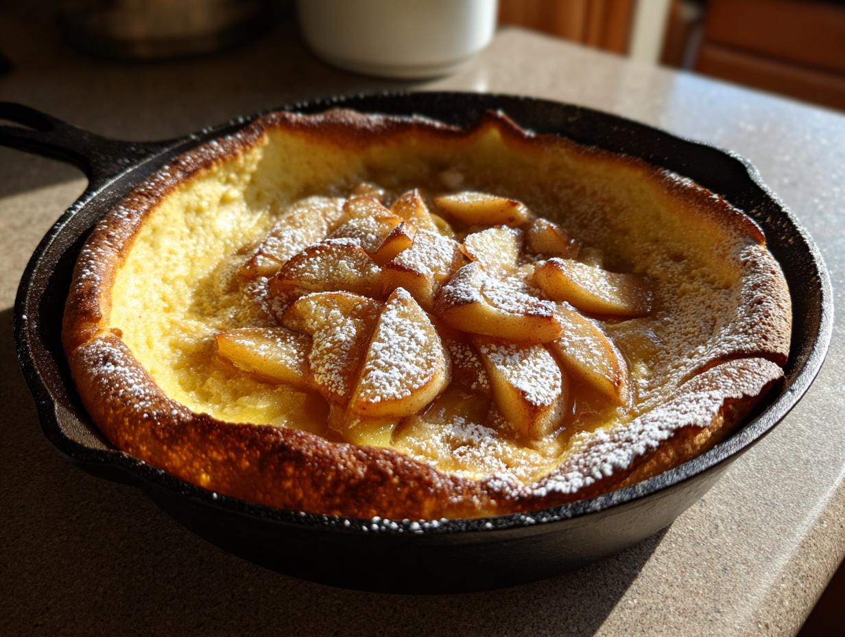 A freshly baked Dutch baby pancake with apples, dusted with powdered sugar, in a cast iron skillet.
