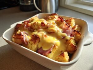 Close-up of a golden, bubbly cheese sauce melting over crispy bread cubes and bacon in an Eggs Benedict Casserole.