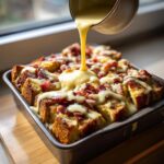 A close-up of an eggs benedict casserole being drizzled with hollandaise sauce, topped with bacon.