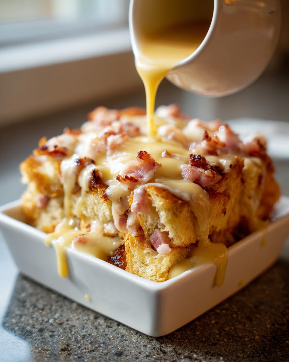 A close-up shot of a white bowl filled with a golden brown eggs benedict casserole, with crispy bacon bits on top, as a creamy hollandaise sauce is poured over it.