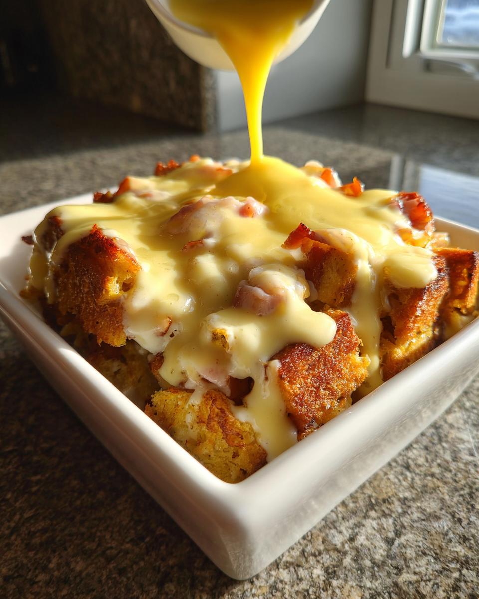 Close-up of a creamy hollandaise sauce being poured over a golden brown eggs benedict casserole in a white dish.