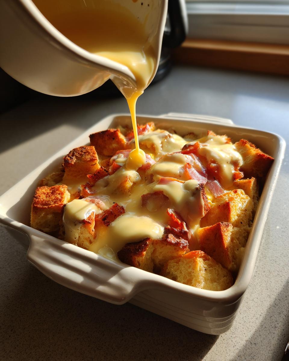 A creamy hollandaise sauce is poured over a baked eggs benedict casserole with bread cubes and ham.