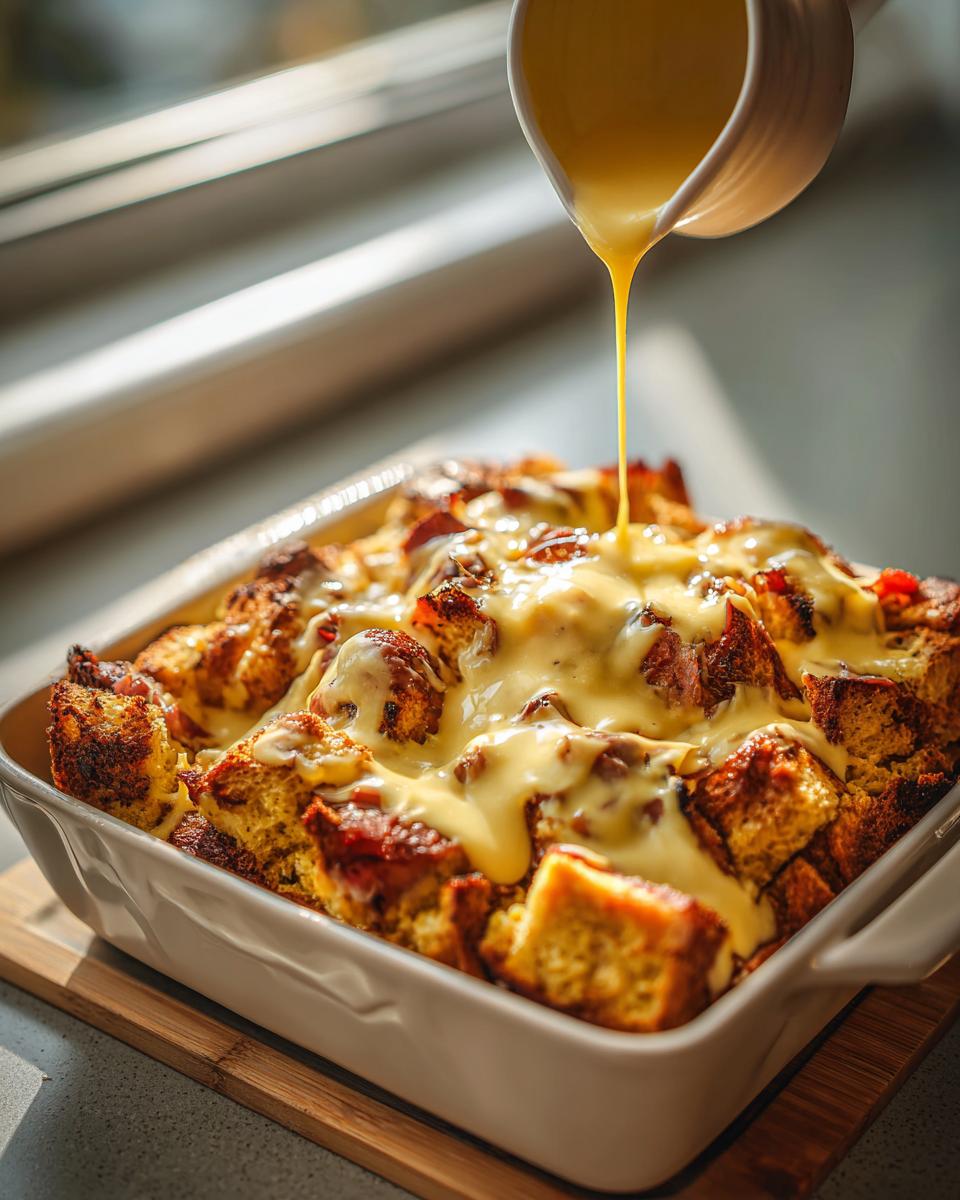 Close-up of a creamy hollandaise-style sauce being poured over a golden brown eggs benedict casserole in a white baking dish.