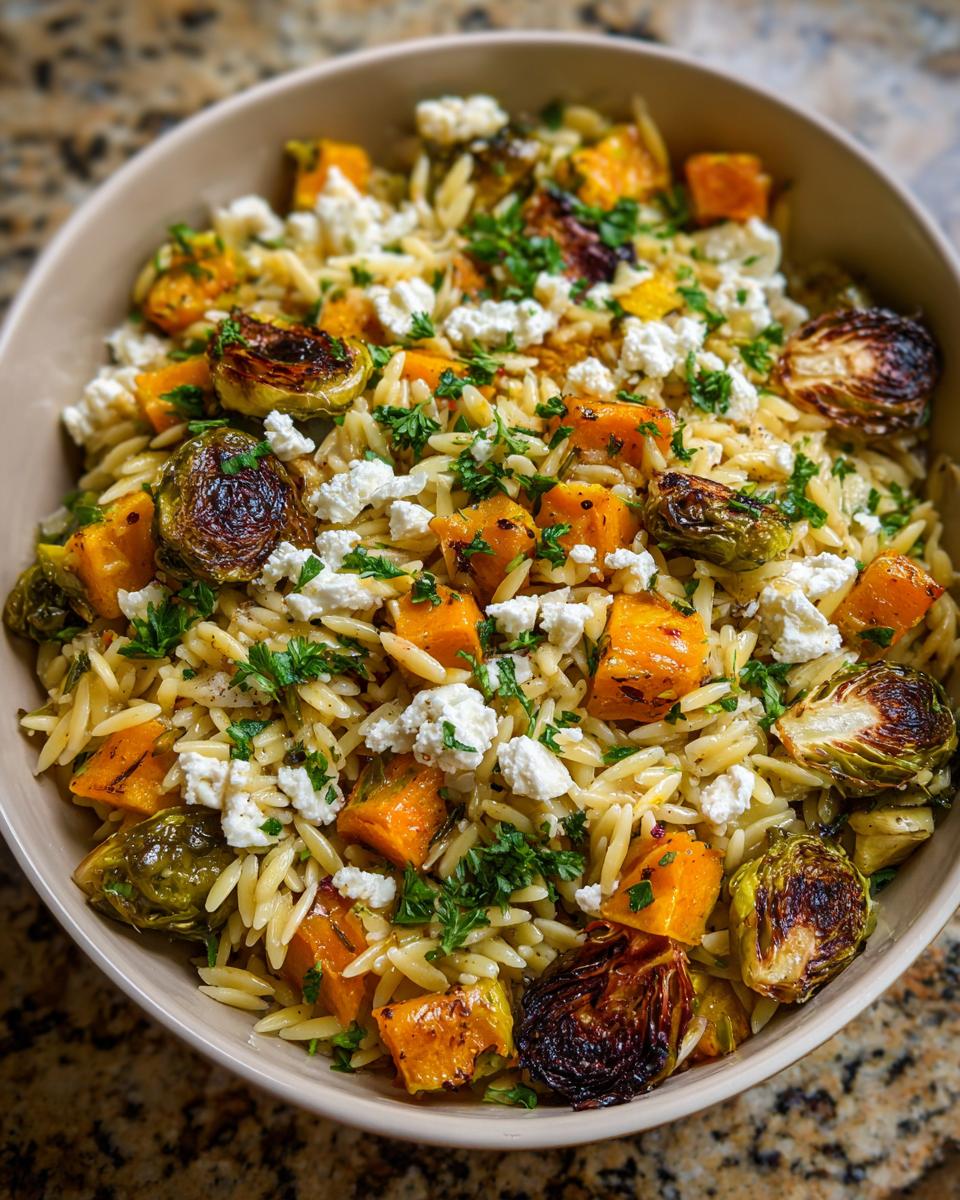 A close-up of a bowl of fall orzo salad, featuring roasted butternut squash, Brussels sprouts, crumbled feta, and fresh parsley.