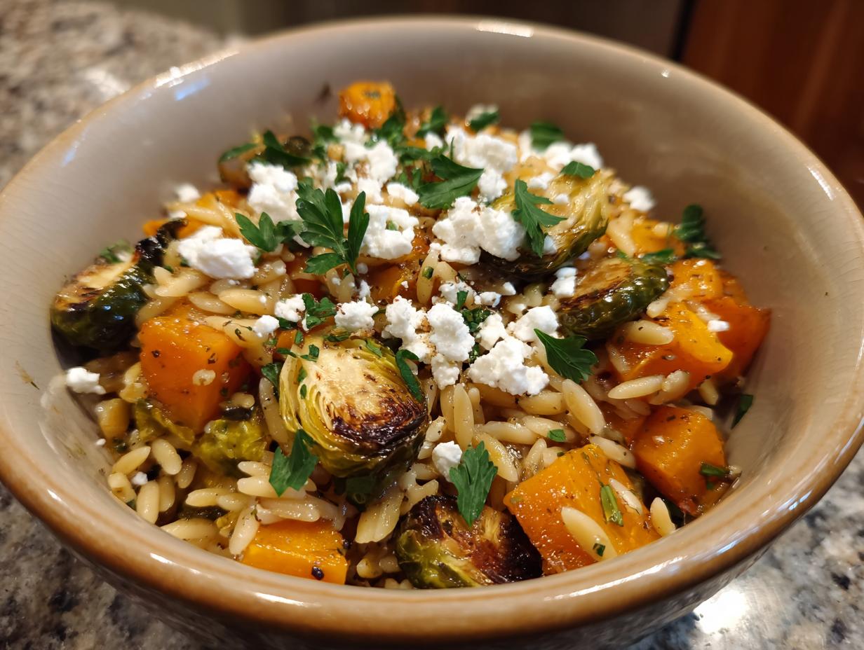 A bowl of fall orzo salad featuring roasted butternut squash, Brussels sprouts, and crumbled feta cheese, garnished with fresh parsley.