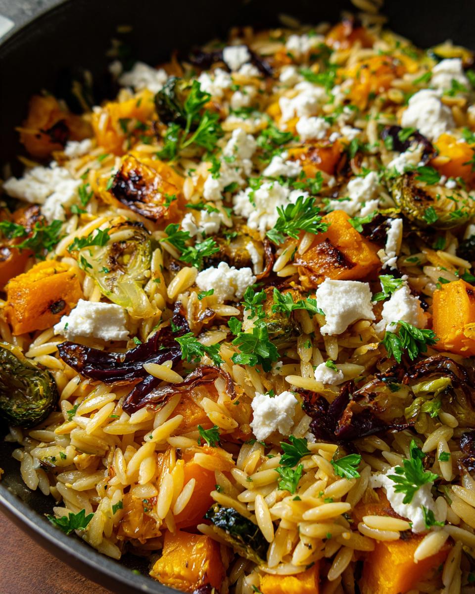 A close-up of a fall orzo salad featuring roasted butternut squash, Brussels sprouts, and crumbled feta cheese, garnished with fresh parsley.
