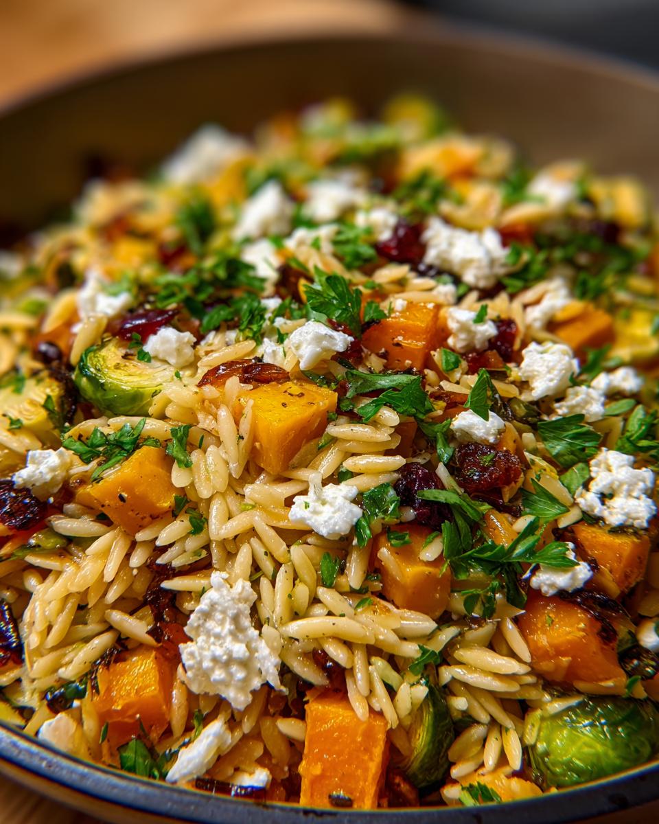 Close-up of a hearty fall orzo salad with roasted butternut squash, Brussels sprouts, cranberries, feta cheese, and fresh parsley.