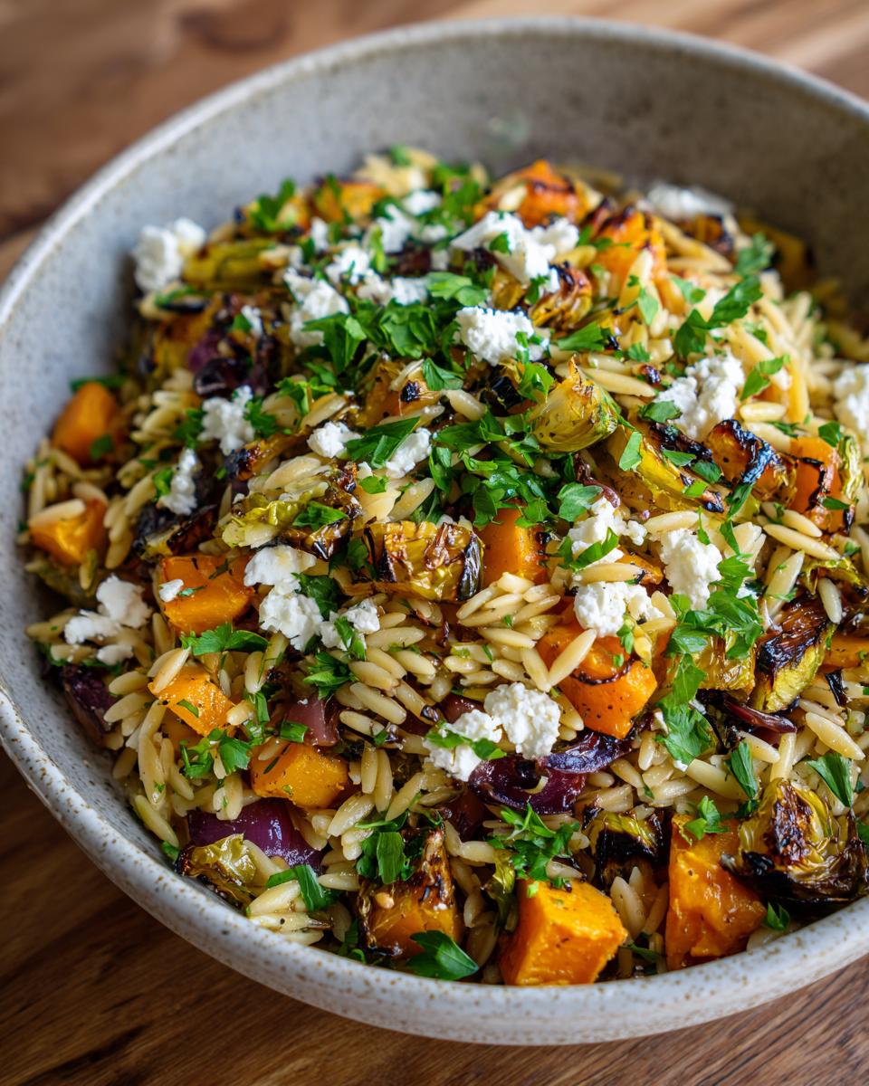 A close-up of a bowl of fall orzo salad, featuring roasted butternut squash, Brussels sprouts, red onion, and crumbled feta cheese, topped with fresh parsley.