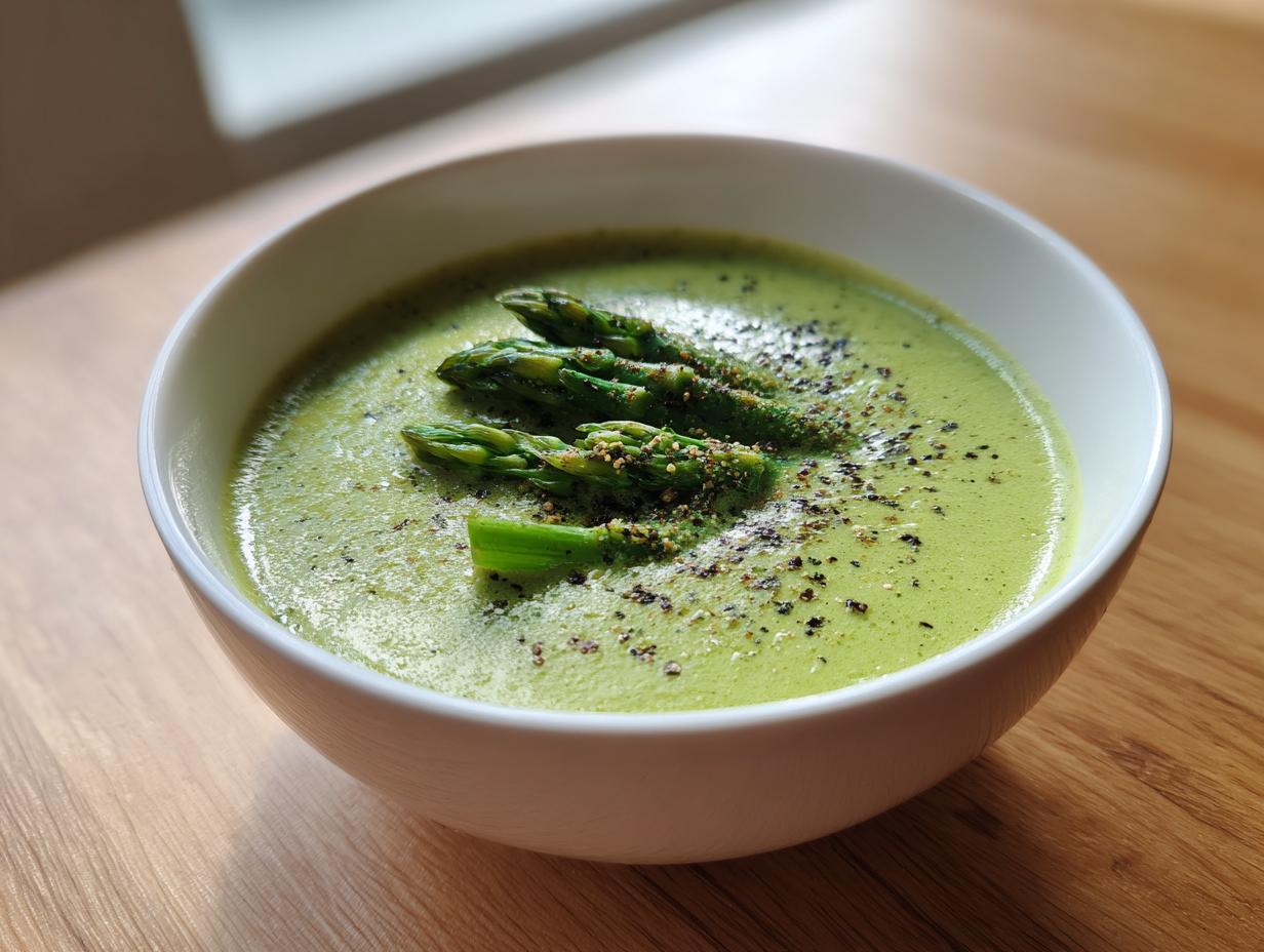 A close-up of vibrant green asparagus soup topped with whole asparagus tips and cracked black pepper.