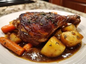 A single serving of perfectly braised chicken thighs with a dark, glossy skin, served over potatoes and carrots in rich gravy.