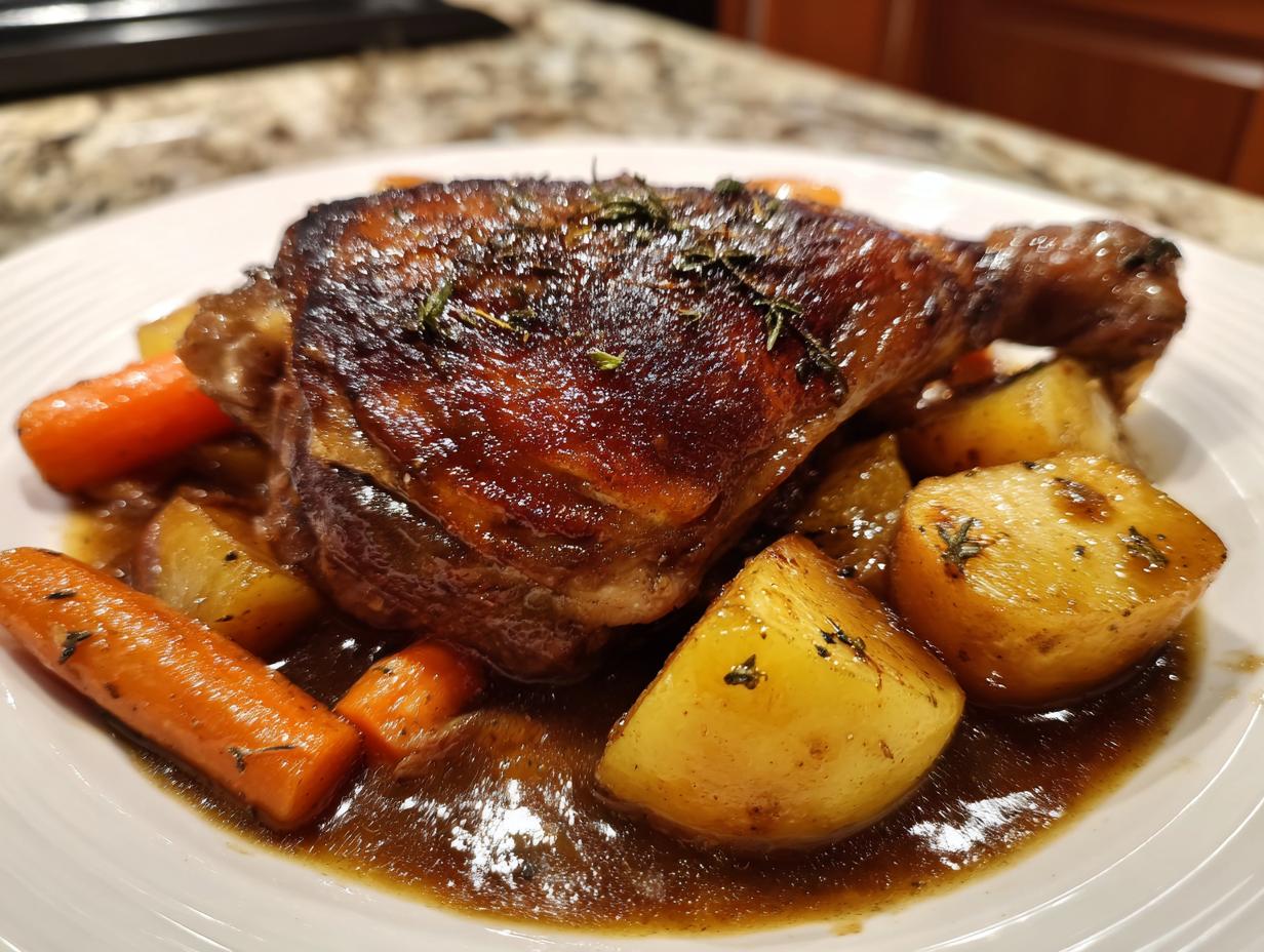 A single serving of perfectly braised chicken thighs with a dark, glossy skin, served over potatoes and carrots in rich gravy.