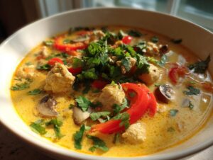Close-up of a vibrant bowl of creamy yellow coconut curry soup topped with chicken, red bell pepper, mushrooms, and fresh cilantro.