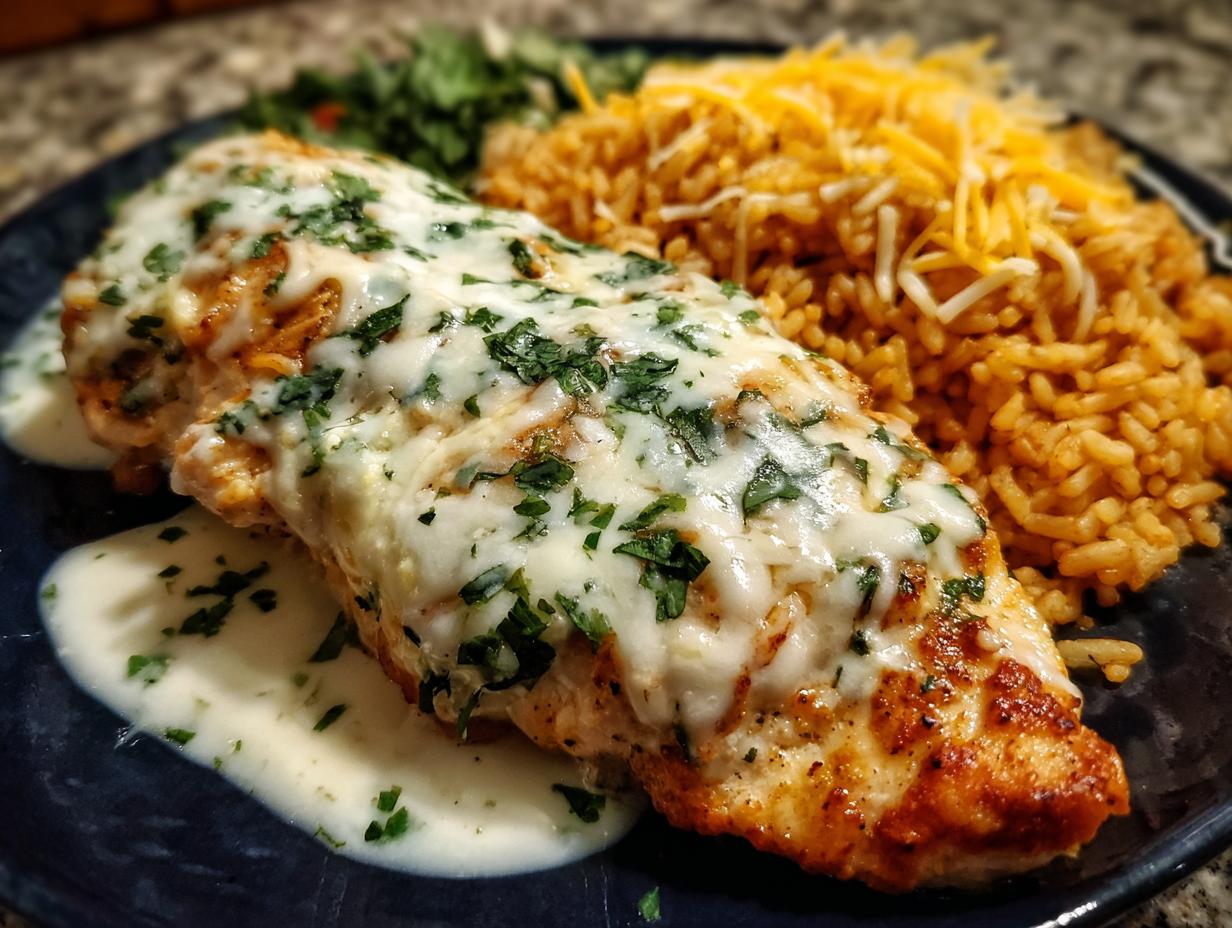 A close-up of Fiesta Lime Chicken topped with melted white cheese and parsley, served with Mexican rice.