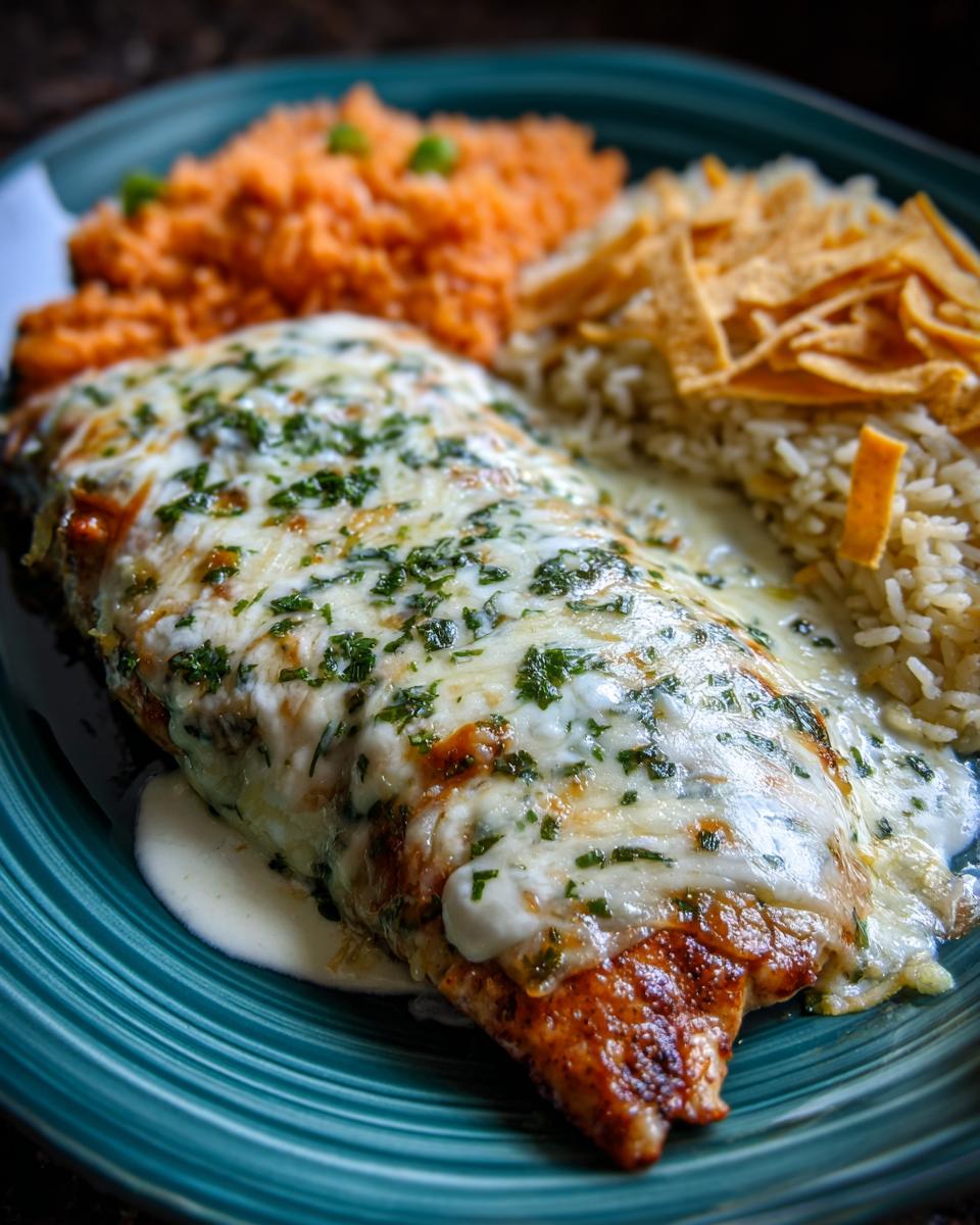 A close-up of a baked fiesta lime chicken breast topped with melted white cheese and parsley, served with Mexican rice and tortilla strips.