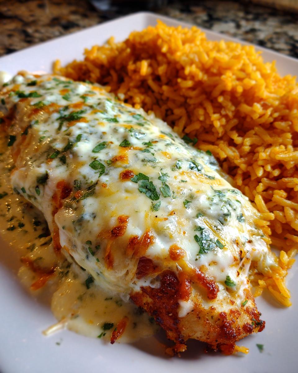 Close-up of Fiesta Lime Chicken smothered in melted cheese sauce and cilantro, served next to a mound of orange Mexican rice.