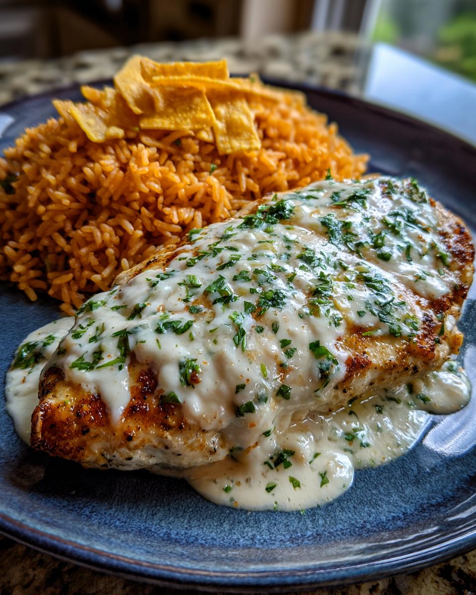 A cooked chicken breast topped with creamy white sauce and parsley, served with Mexican rice and tortilla strips for a fiesta lime chicken meal.