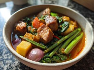 A close-up of a bowl of Filipino sinigang, featuring tender pork, okra, taro, tomatoes, and onions in a savory broth.