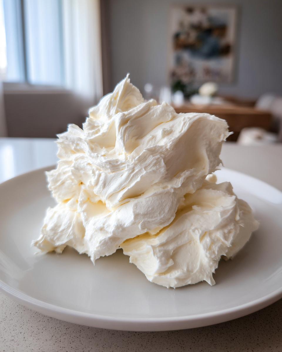 A generous, fluffy mound of freshly made, bright white cream cheese frosting sitting on a white plate.
