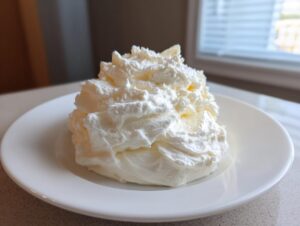 A generous swirl of fluffy white cream cheese frosting served on a small white plate.