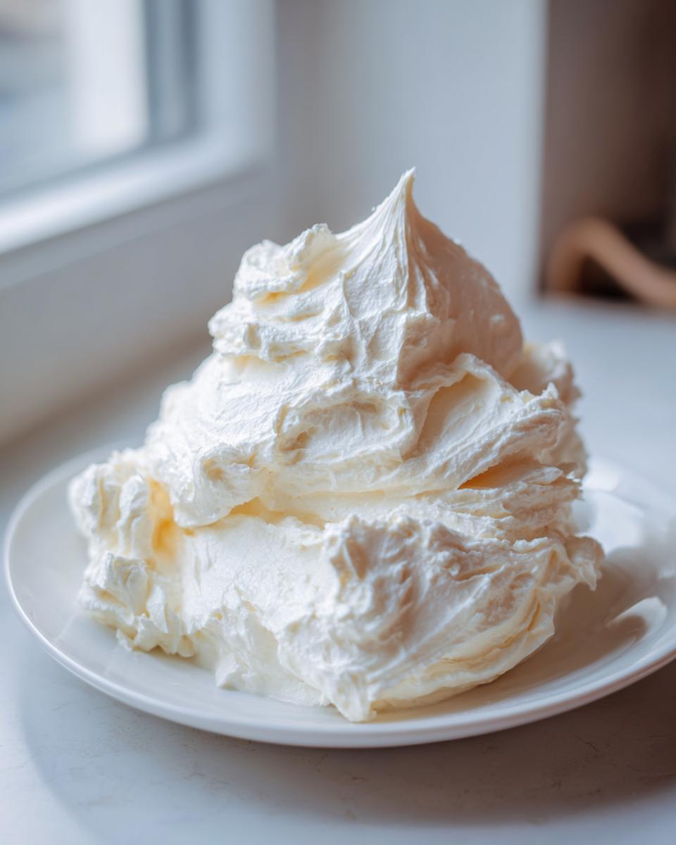 A generous mound of fluffy, white cream cheese frosting piped onto a small white plate.