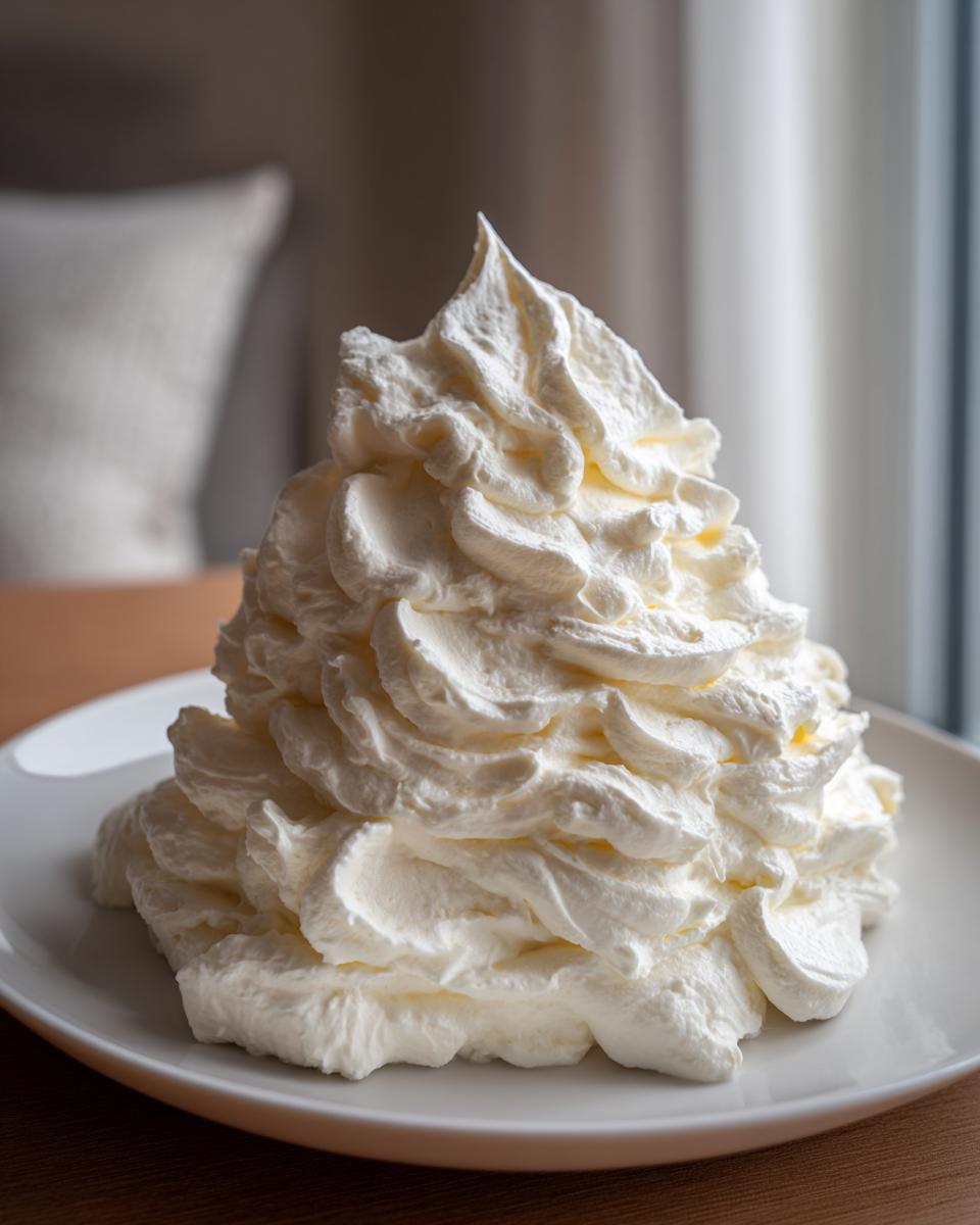 A large, perfectly piped mound of white, fluffy cream cheese frosting on a white plate.