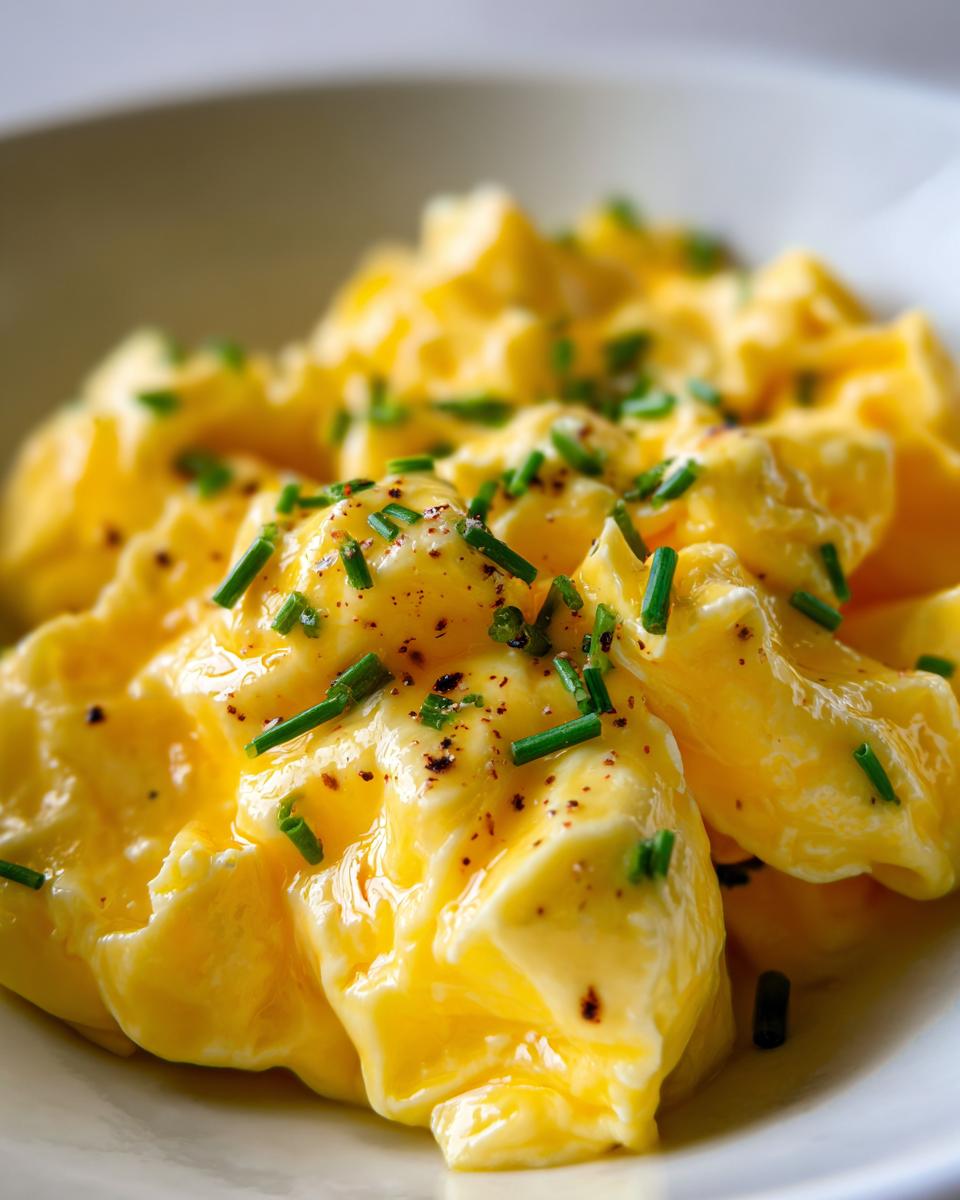 A close-up of perfectly fluffy scrambled eggs, garnished with fresh chives and cracked black pepper.