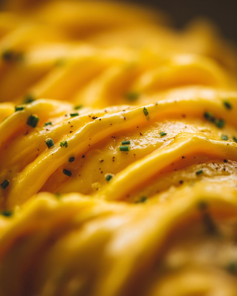 Close-up of perfectly fluffy scrambled eggs, seasoned with black pepper and fresh chives.