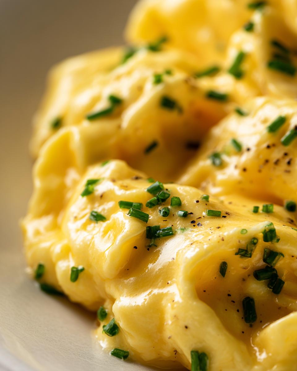 Close-up of creamy, fluffy scrambled eggs topped with fresh chives and cracked black pepper.
