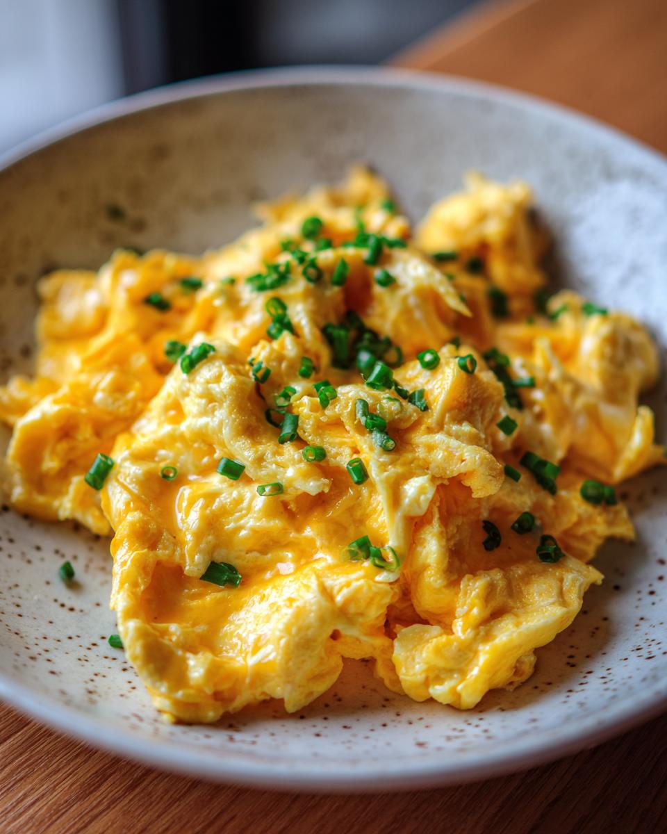 A close-up of perfectly fluffy scrambled eggs, garnished with fresh chives, served in a speckled bowl.