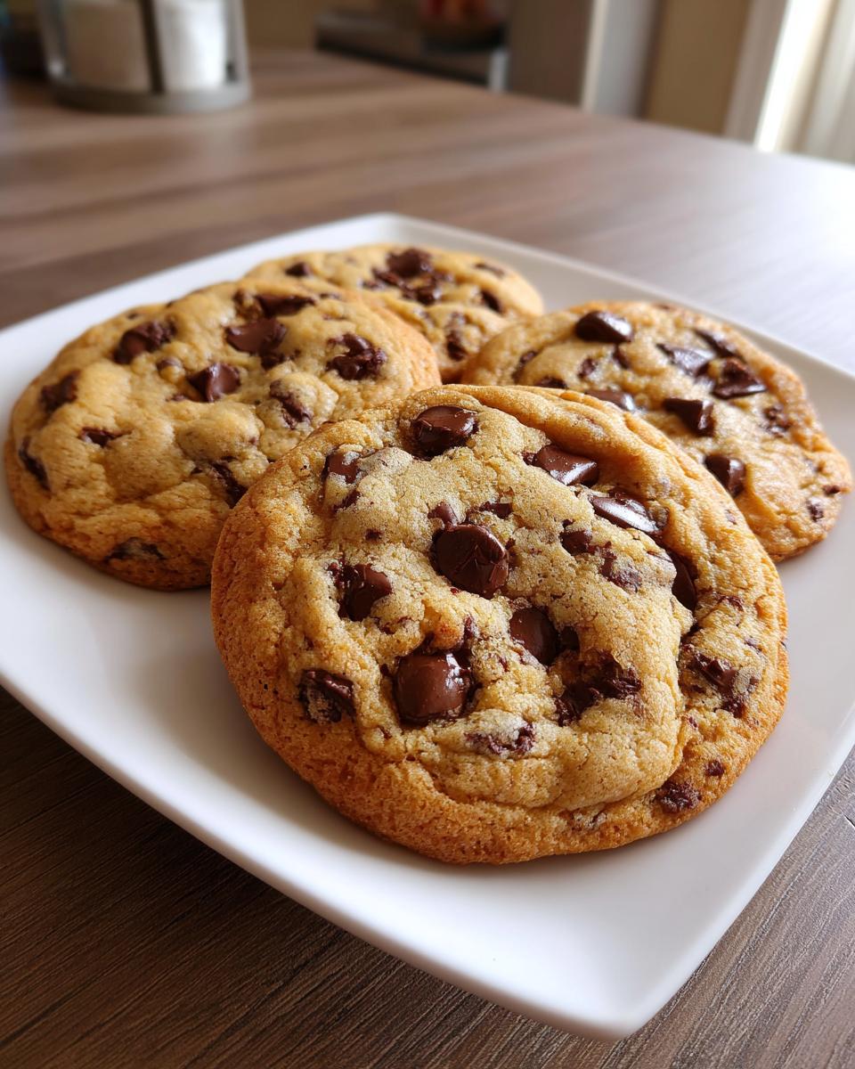 Close-up of four freshly baked, thick chocolate chip cookies piled on a white square plate.