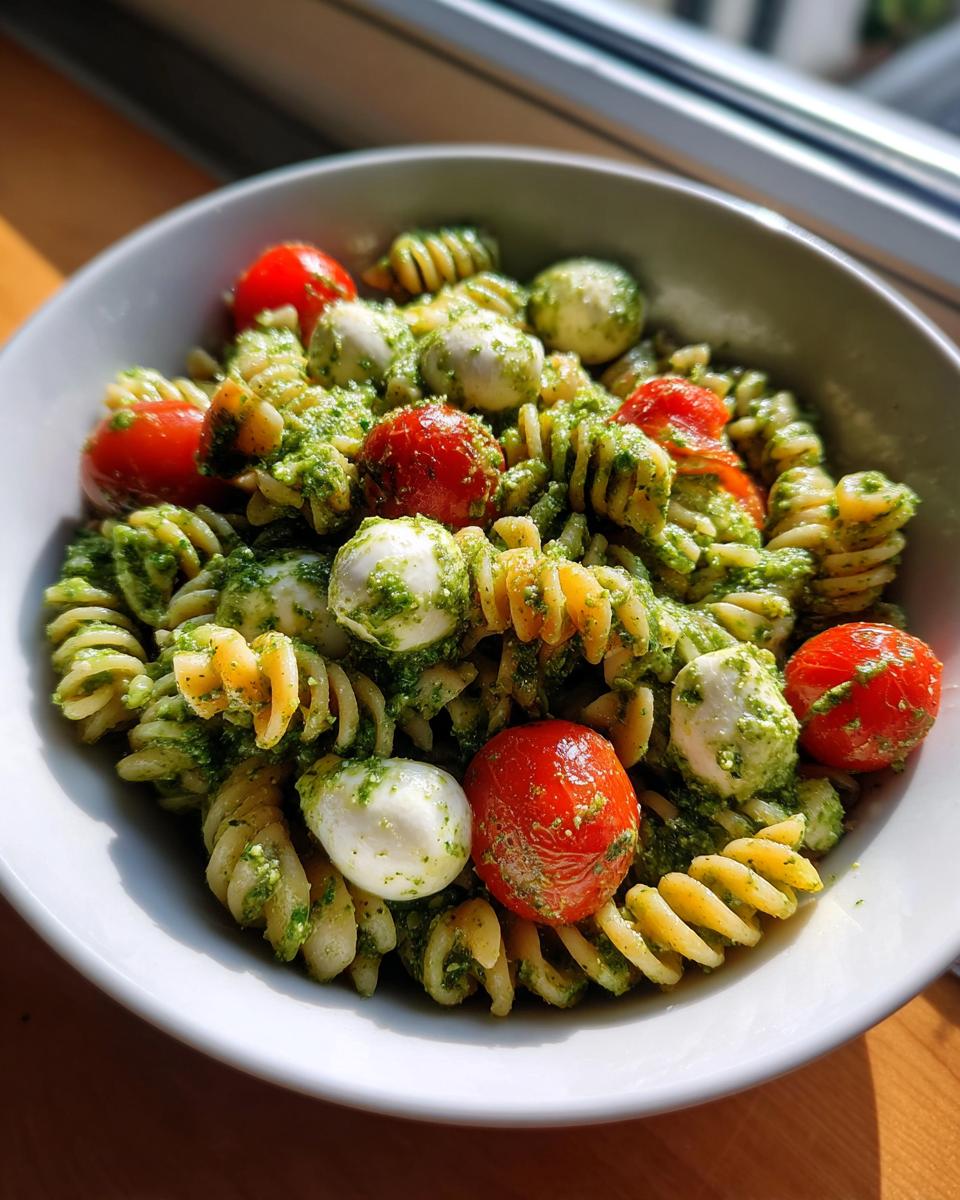 A bowl of vibrant pesto pasta salad featuring fusilli, cherry tomatoes, and small mozzarella balls.