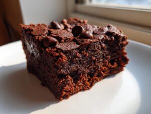 A close-up of a fudgy sweet potato brownie slice topped with chocolate chips, served on a white plate.
