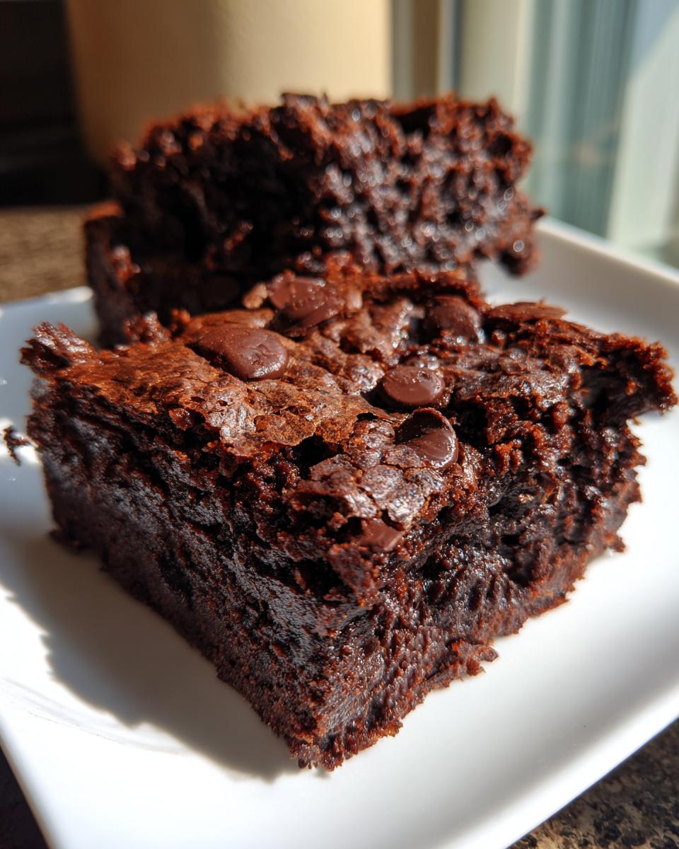 Close-up of two fudgy sweet potato brownies topped with melted chocolate chips on a white plate.