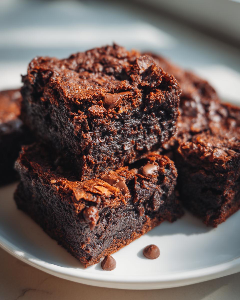 Close-up of fudgy sweet potato brownies with visible chocolate chips, stacked on a white plate.