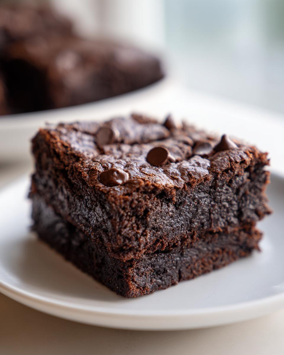 A close-up of a fudgy sweet potato brownie with chocolate chips on a white plate.