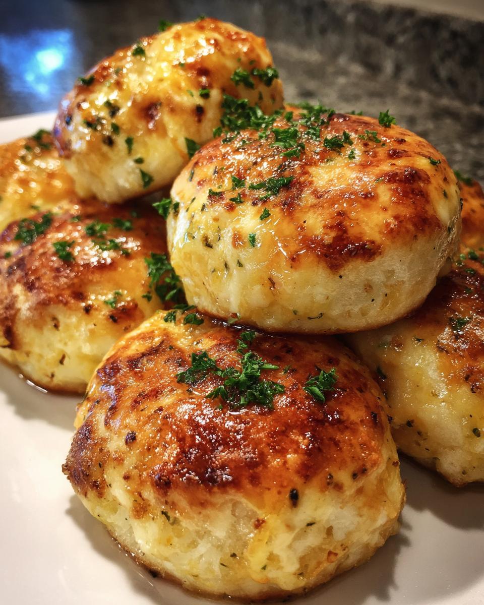Close-up of golden-brown Garlic Parmesan Cheeseburger Bombs sprinkled with fresh parsley.