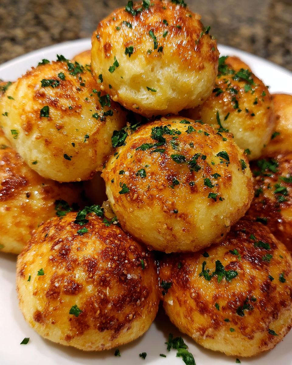 A close-up of a pile of golden-brown Garlic Parmesan Cheeseburger Bombs, sprinkled with fresh parsley.