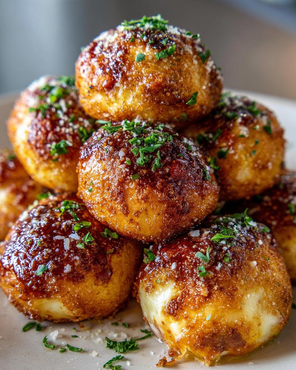 A close-up stack of golden-brown Garlic Parmesan Cheeseburger Bombs, sprinkled with fresh parsley and Parmesan cheese.