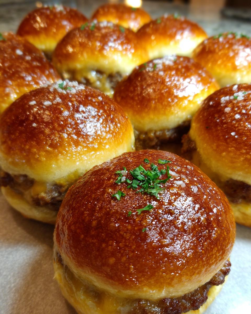 A close-up of several golden-brown Garlic Parmesan Cheeseburger Bombs, topped with chopped parsley.