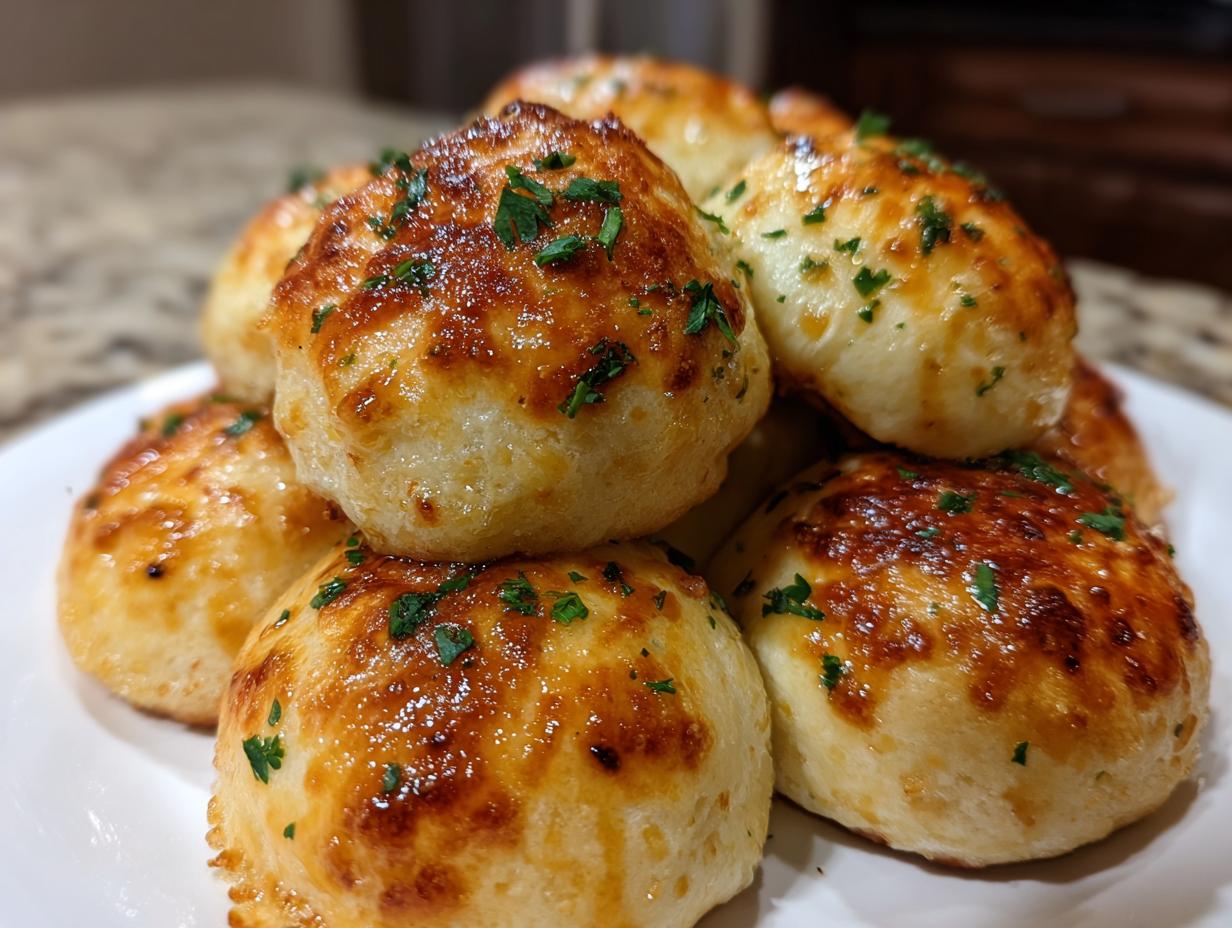 A pile of golden-brown Garlic Parmesan Cheeseburger Bombs topped with chopped parsley.