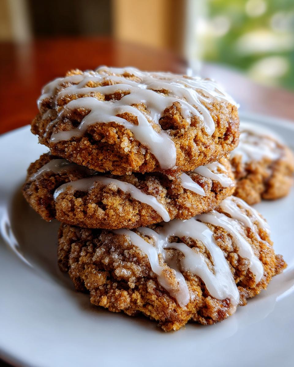 A stack of three soft, spiced coffee cake cookies topped with a white vanilla glaze drizzle.