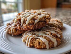 Close-up of several soft, crumbly coffee cake cookies topped with a thick vanilla glaze drizzle.