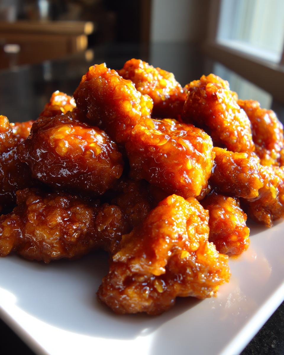 A pile of crispy, battered chicken pieces coated in a thick, glossy orange sauce, ready to eat from our orange chicken recipe.