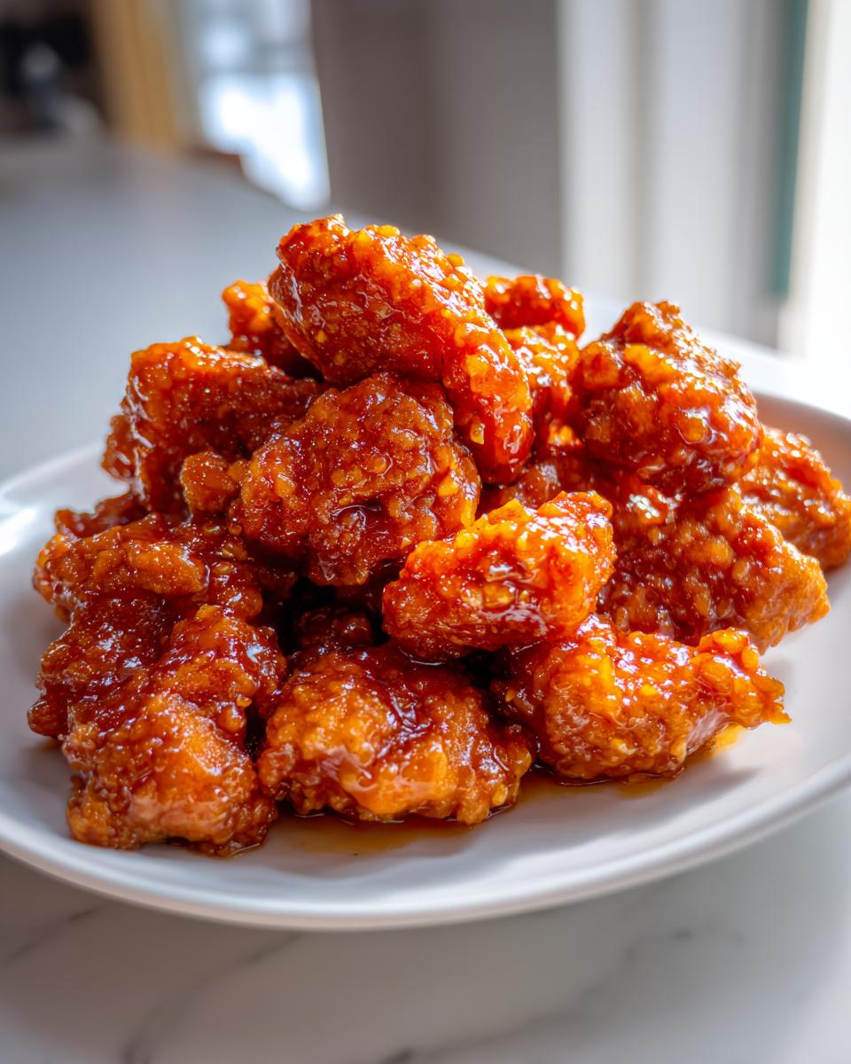 A pile of crispy, glazed pieces of orange chicken recipe coated in a thick, shiny sauce, served on a white plate.