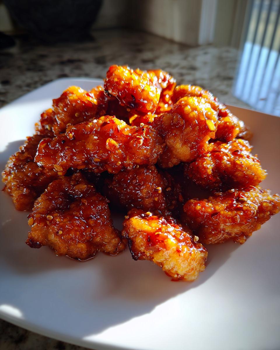 A pile of crispy, glazed pieces of orange chicken recipe served on a white plate, glistening under bright light.