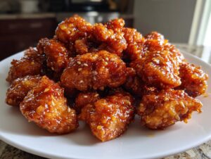 Close-up of crispy, glazed orange chicken recipe pieces piled high on a white plate, sprinkled with sesame seeds.