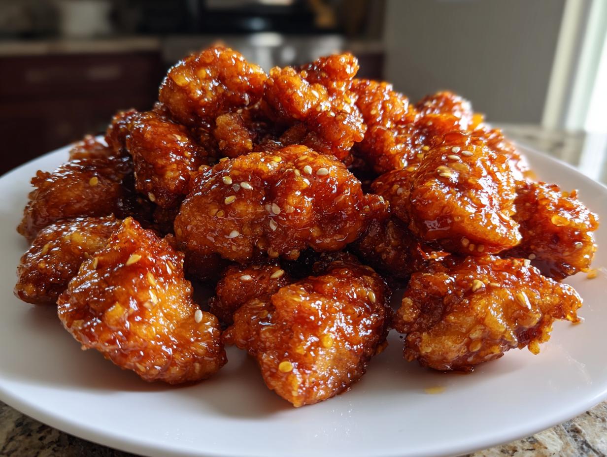 Close-up of crispy, glazed orange chicken recipe pieces piled high on a white plate, sprinkled with sesame seeds.