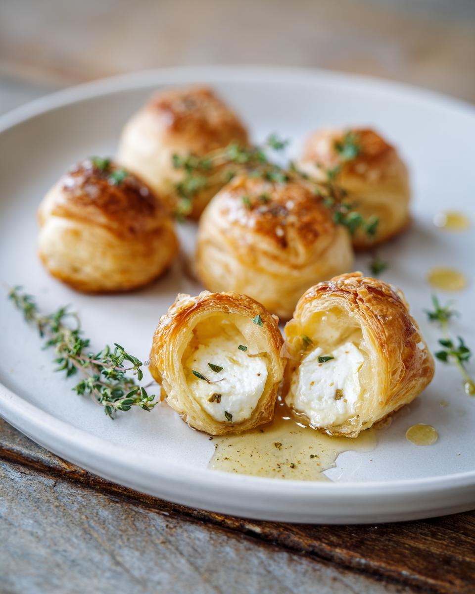 Close-up of golden-brown baked goat cheese and honey bites, one is cut open revealing creamy cheese and drizzled with honey and thyme.